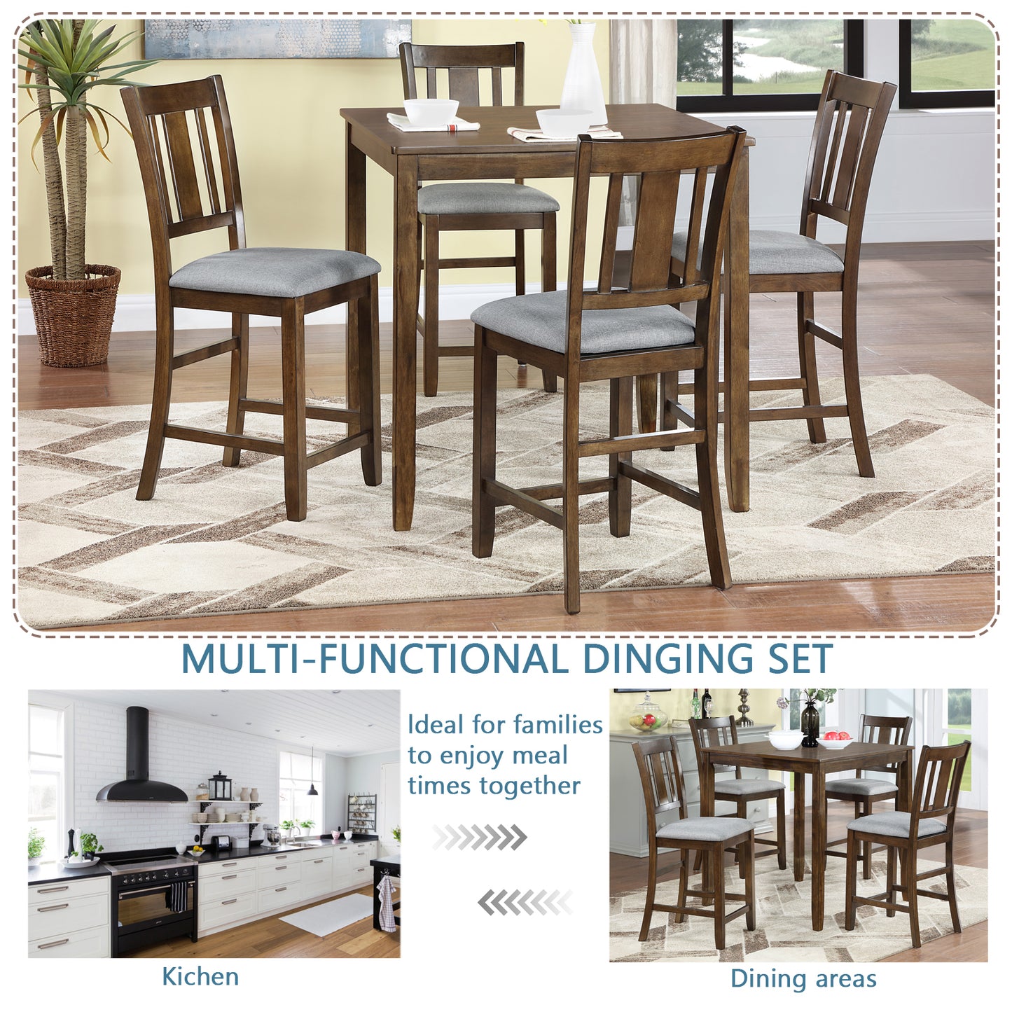 Walnut 5 Piece Counter High Dining Set