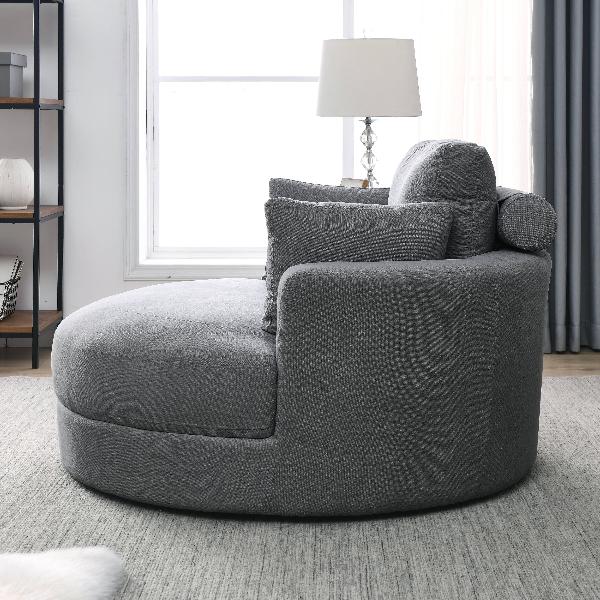 Grey Linen Swivel Accent Barrel Chairs with Storage Ottomans