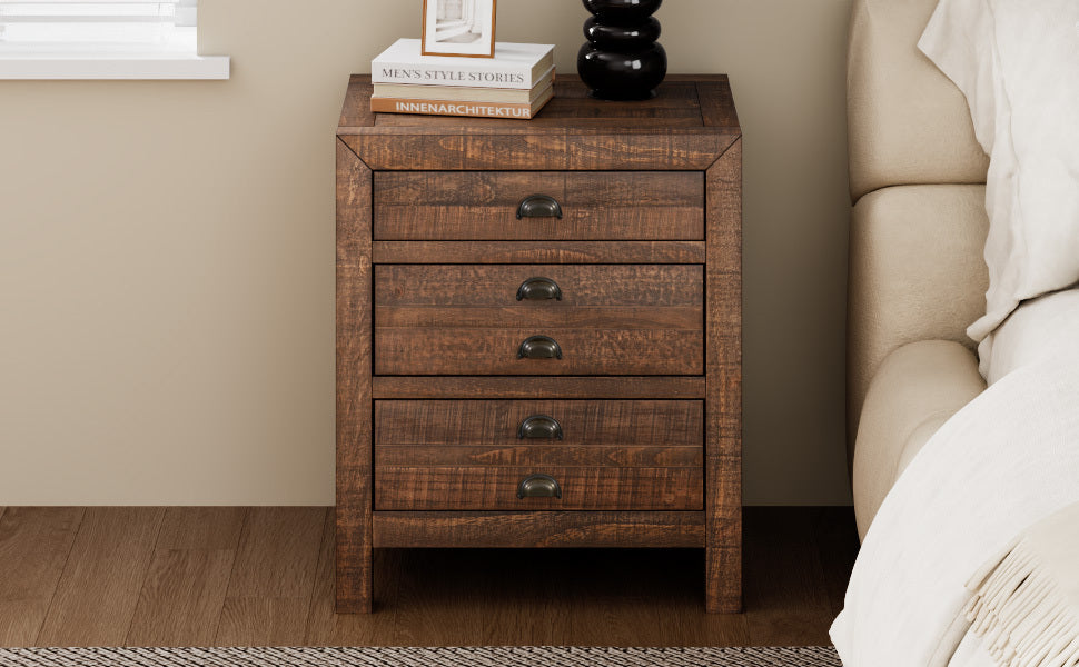 Rustic 3-Drawer Pine Wood Nightstand