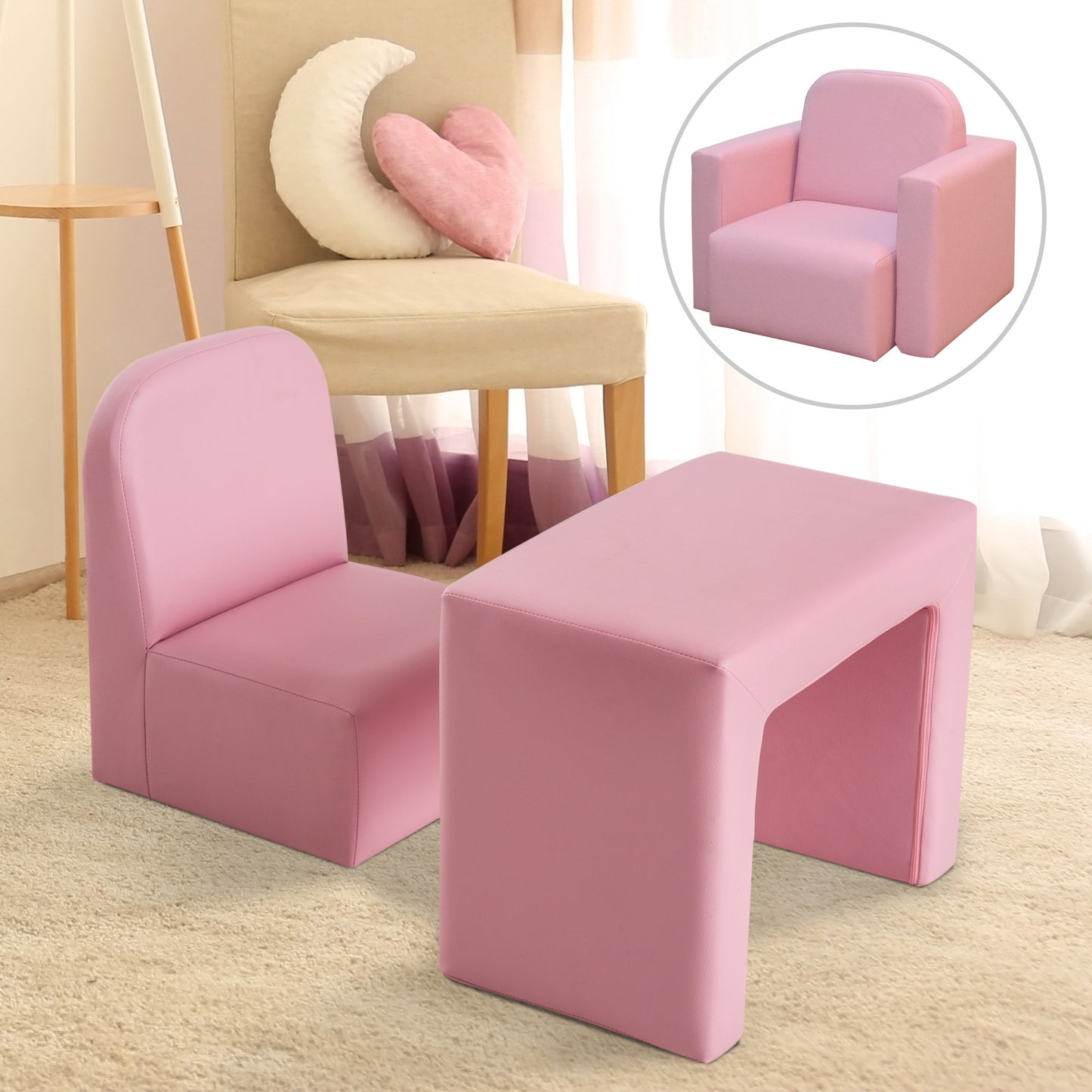 Pink 2-in-1 Multifunctional Kids Chair Set