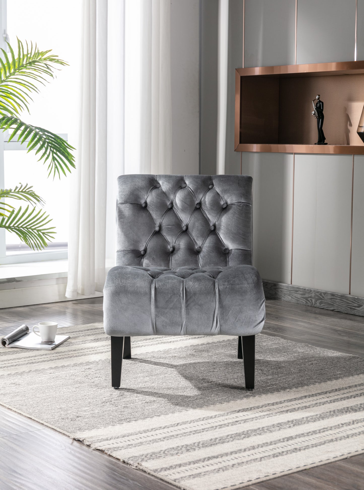 Modern Grey Button Tufted Velvet Armless Recliner