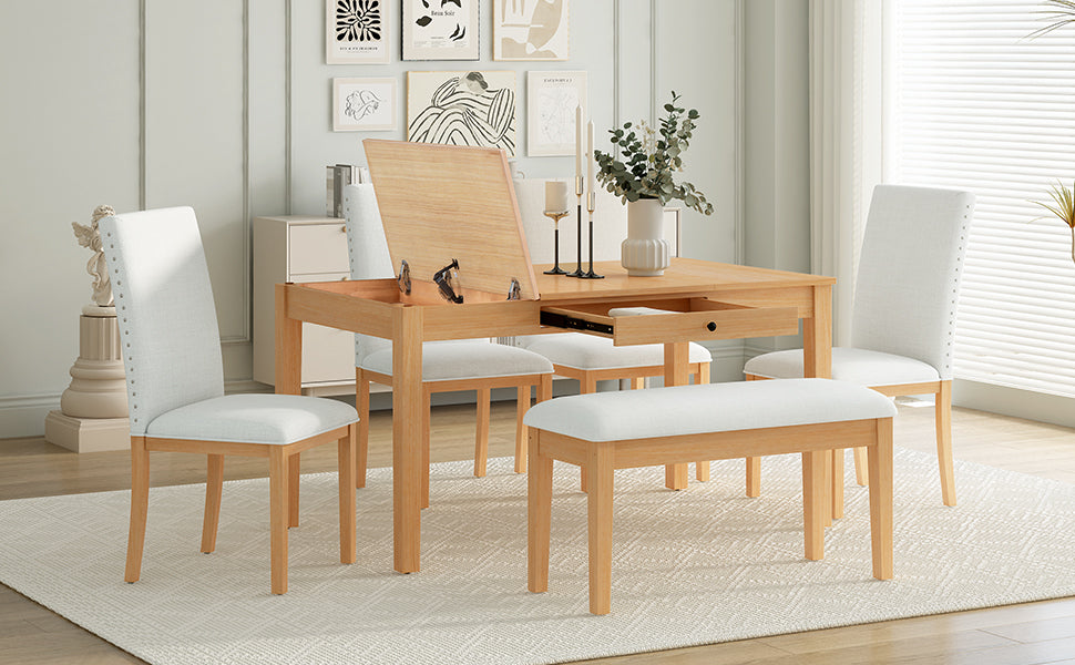 Natural Rubberwood 6-Piece Dining Table Set with Storage