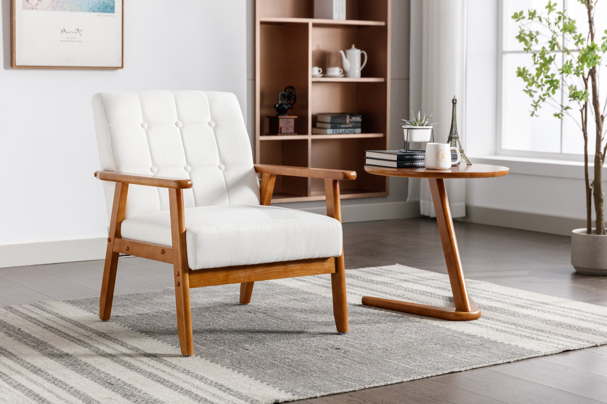 Beige Cushioned Rubberwood Accent Chair and Table