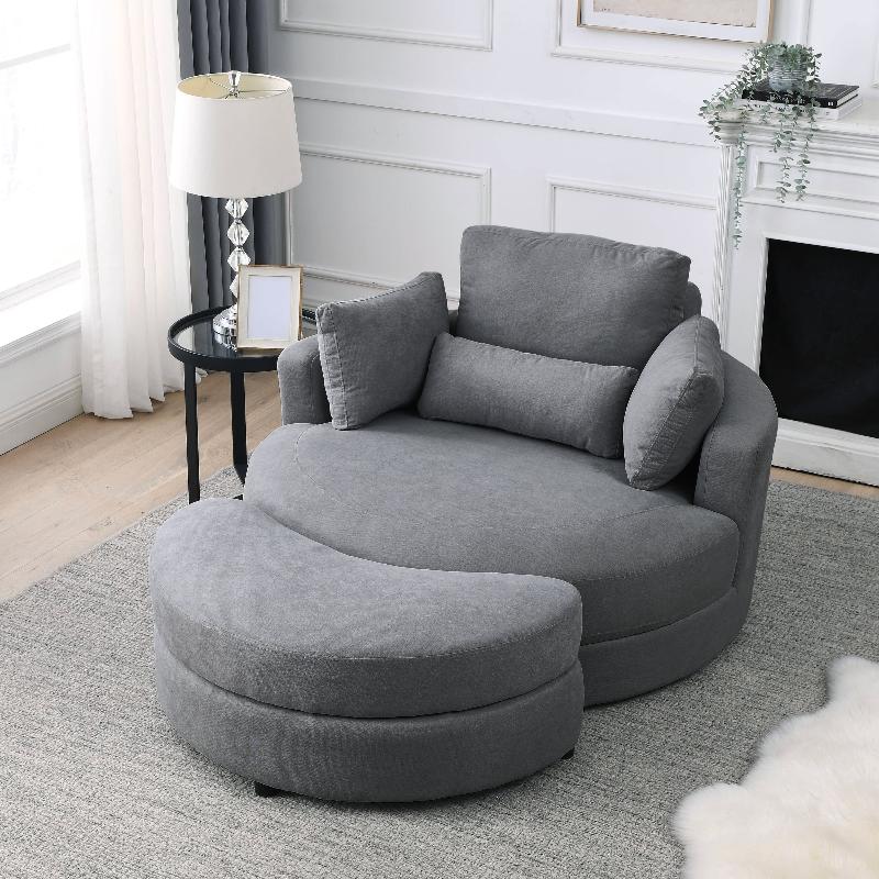 Grey Linen Swivel Accent Barrel Chairs with Storage Ottomans