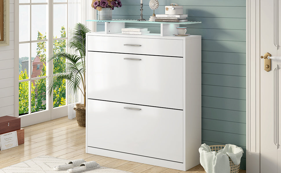 LED White Shoe Cabinet with 2 Flip Drawers