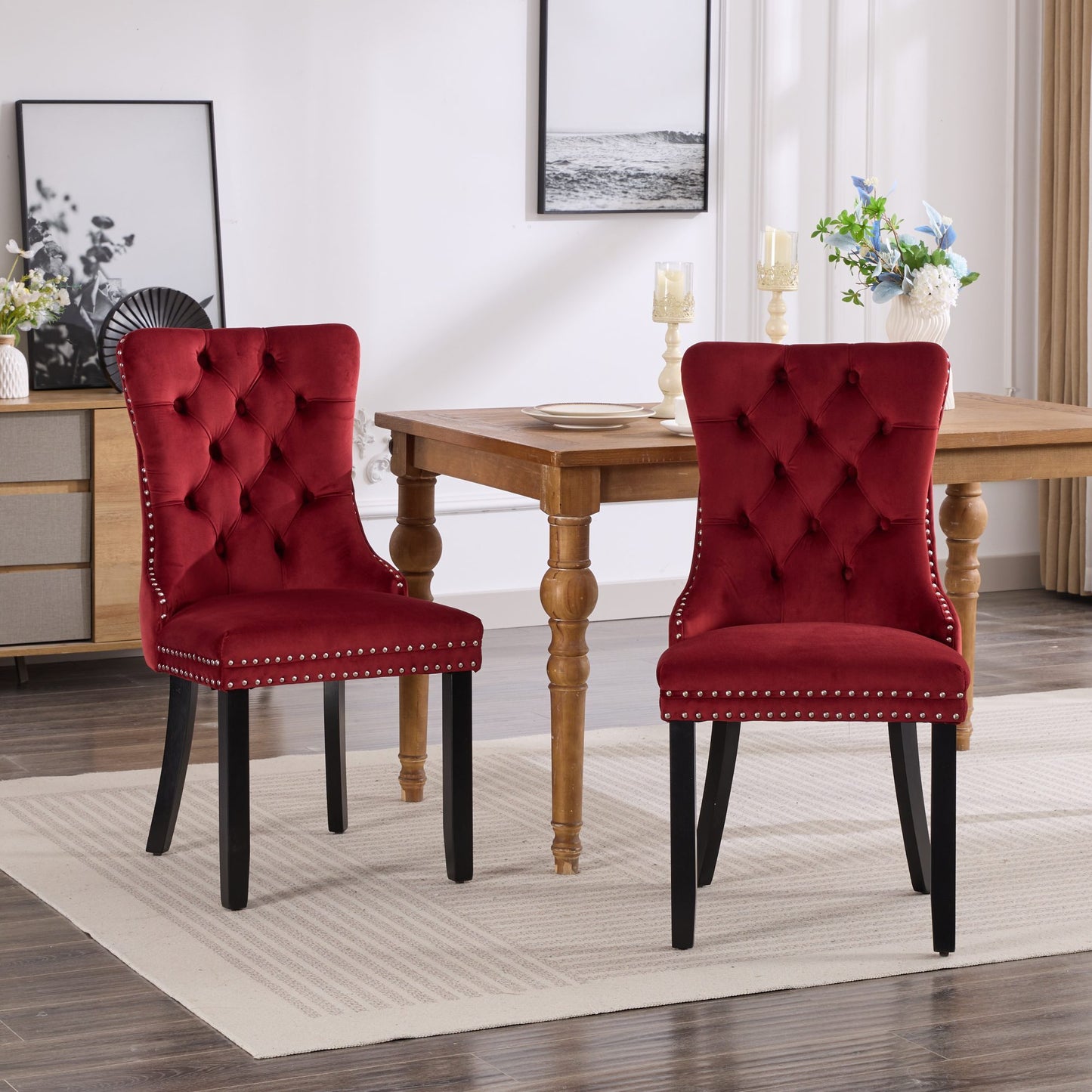 High-End Red Tufted Velvet Dining Chairs 2pc