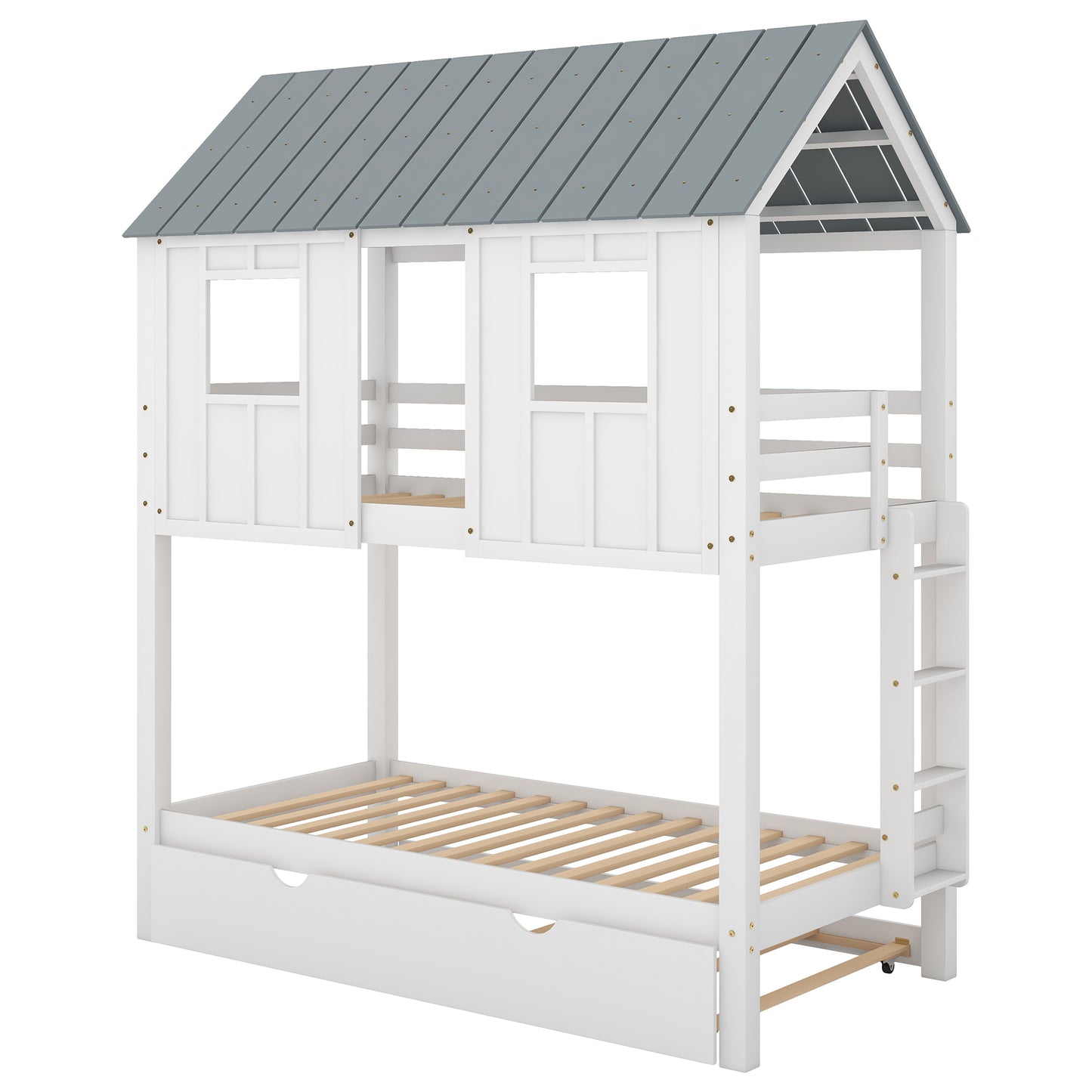 White & Grey House Bunk Bed with Trundle