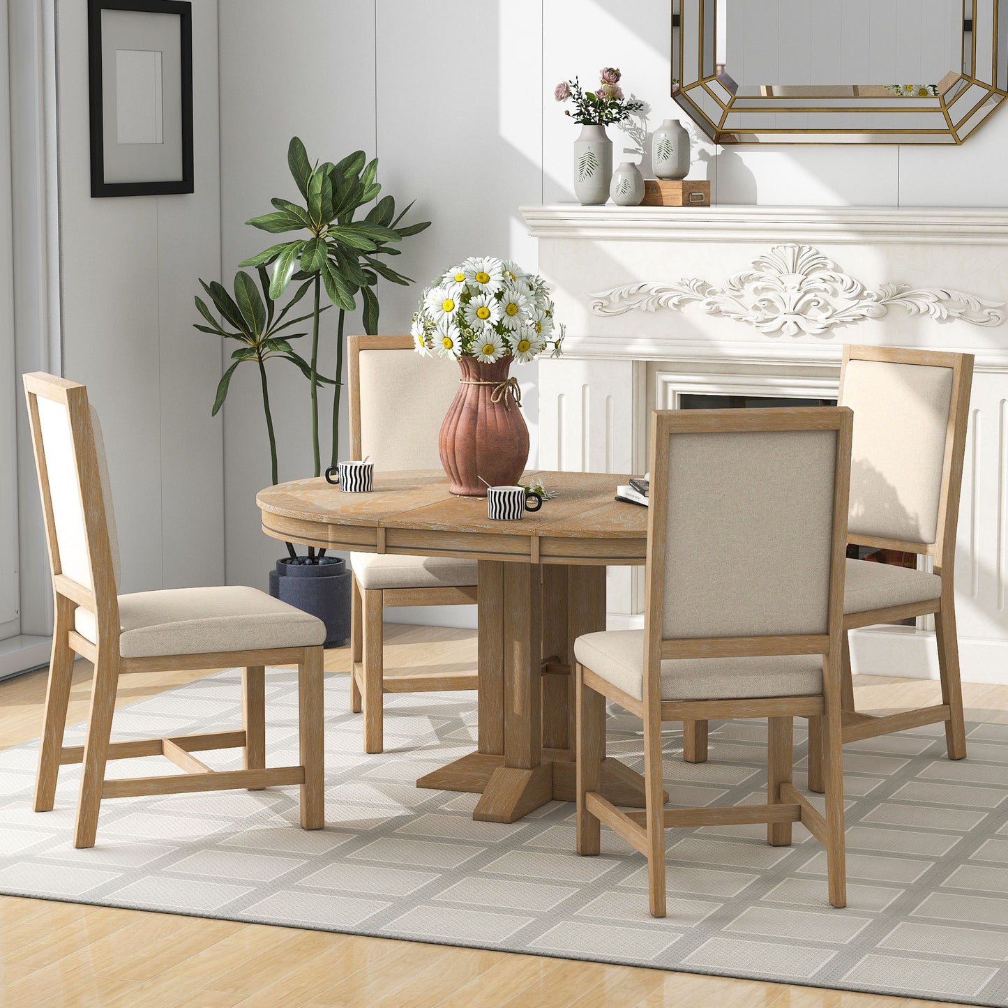 Natural 5-Piece Extendable Round Table and 4 Upholstered Chairs