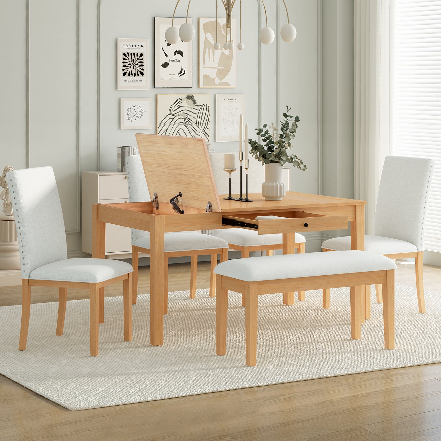 Natural Rubberwood 6-Piece Dining Table Set with Storage