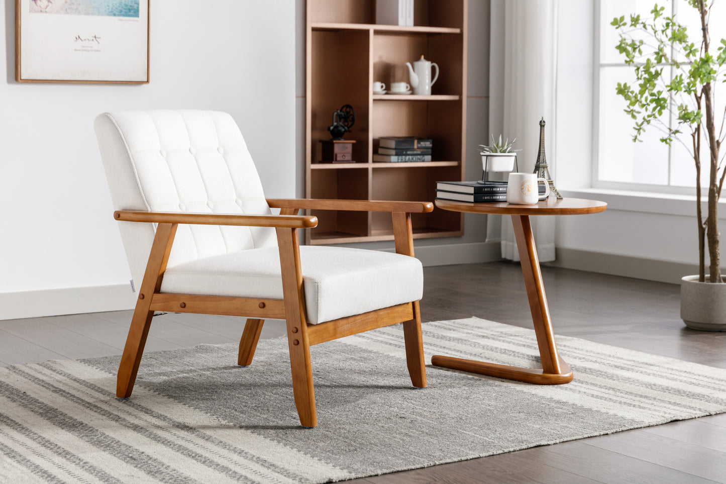 White Cushioned Rubberwood Accent Chair and Table