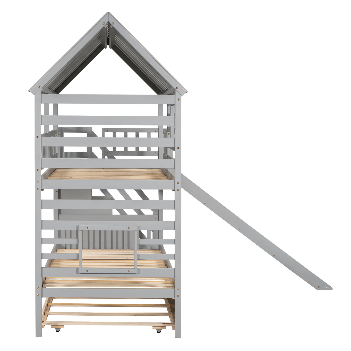 Grey Twin Town House Bunk Bed with Trundle and Slide