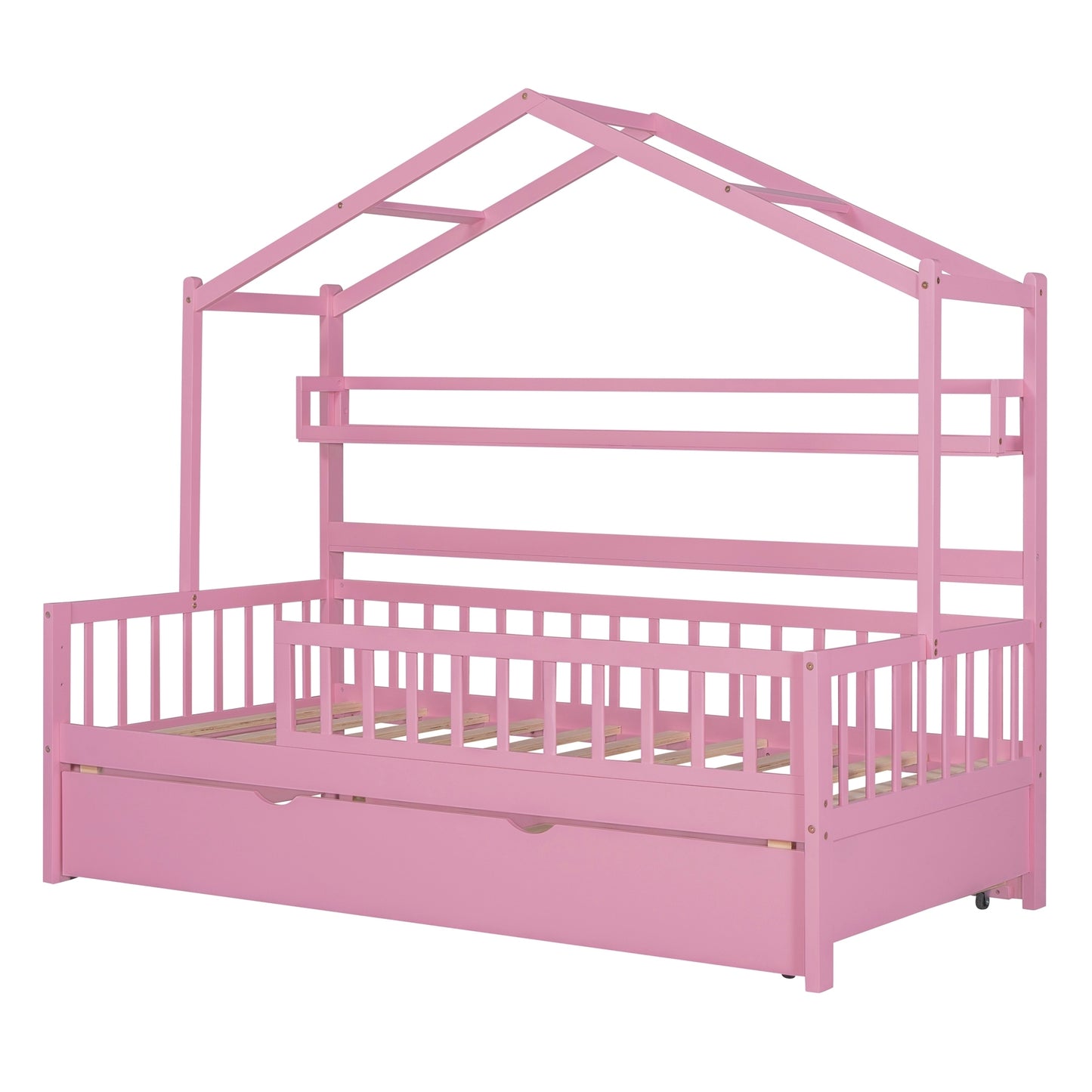 Pink Wooden Twin Size House Bed