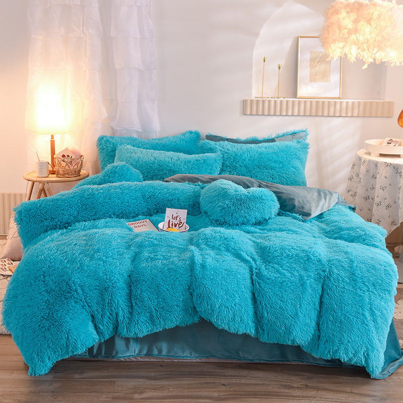 Blue Luxury Thick Furry Fleece Duvet Cover Set