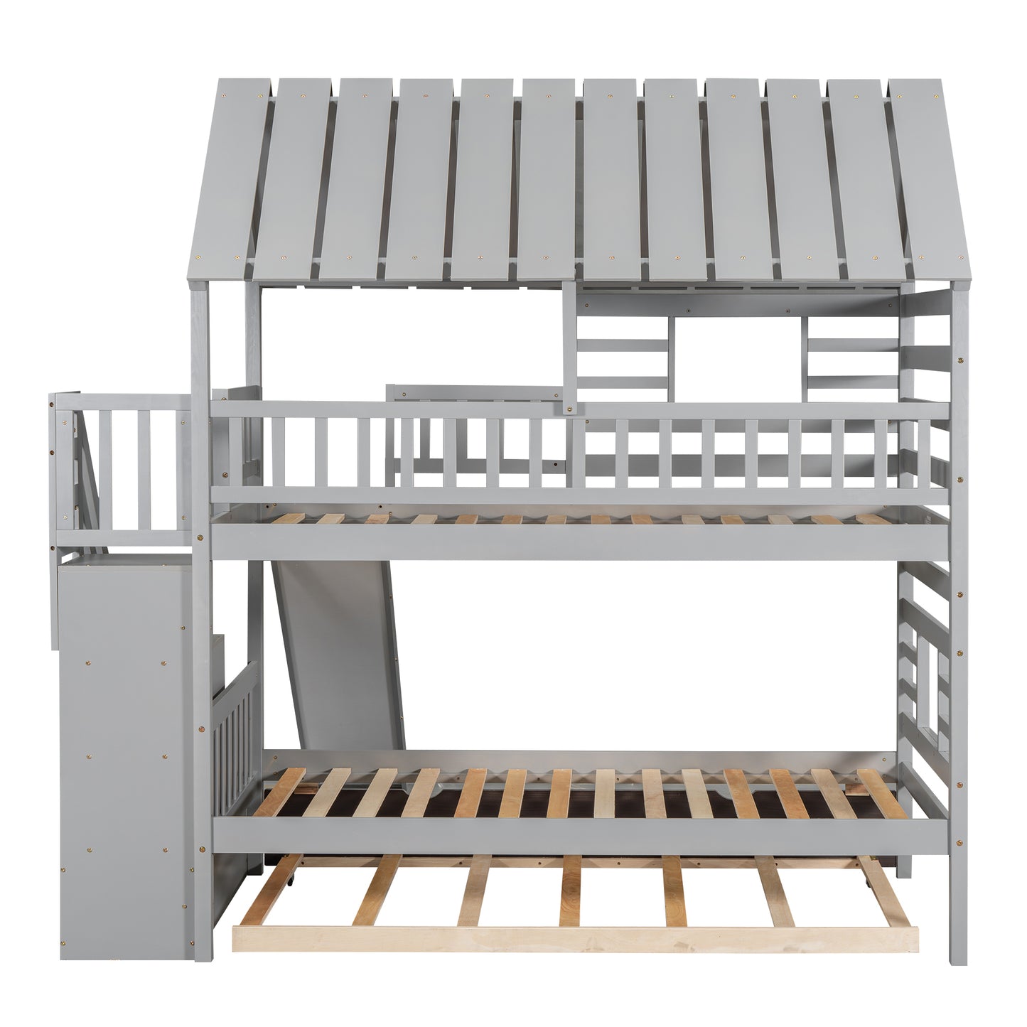 Grey Twin Town House Bunk Bed with Trundle and Slide