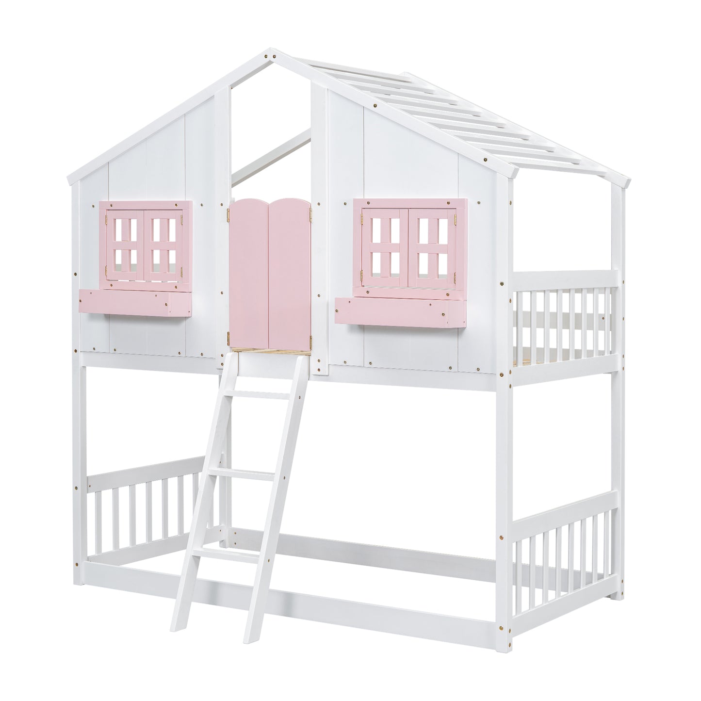 Sweet White and Pink Twin Play House Bunk Bed