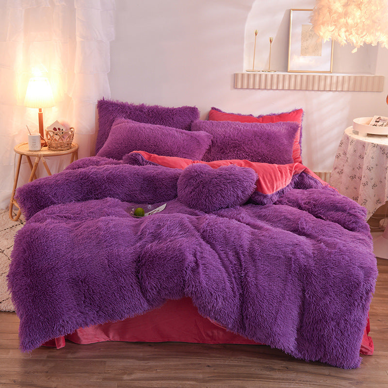 Purple Luxury Thick Furry Fleece Duvet Cover Set