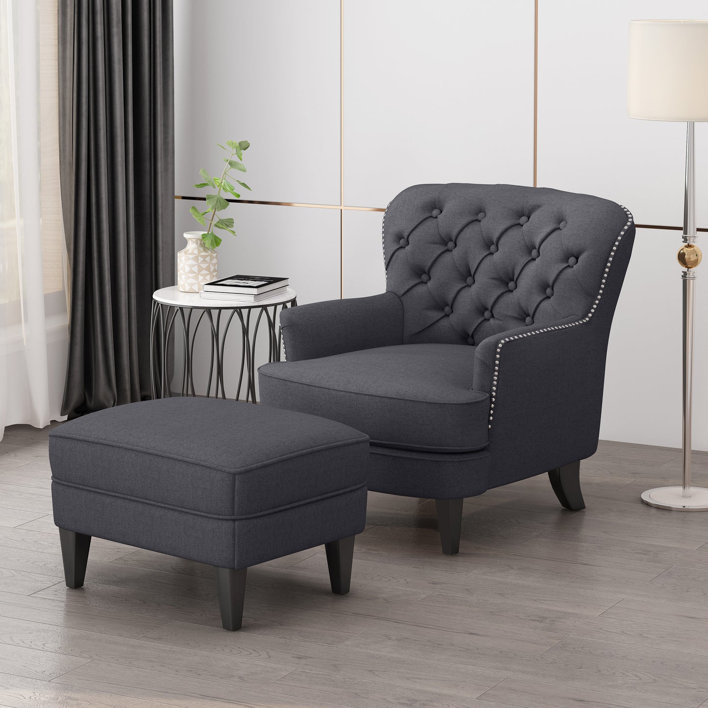 Grey Button Tufted CLUB CHAIR+OTTOMAN