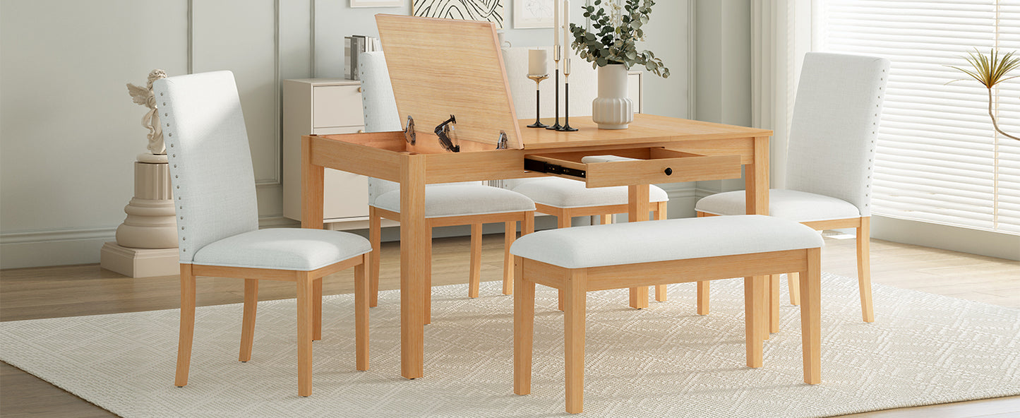 Natural Rubberwood 6-Piece Dining Table Set with Storage