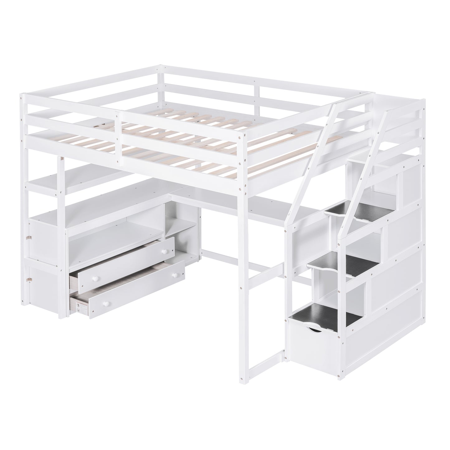 White Full Size Loft Bed with Desk, Shelves, and Built-in Drawers