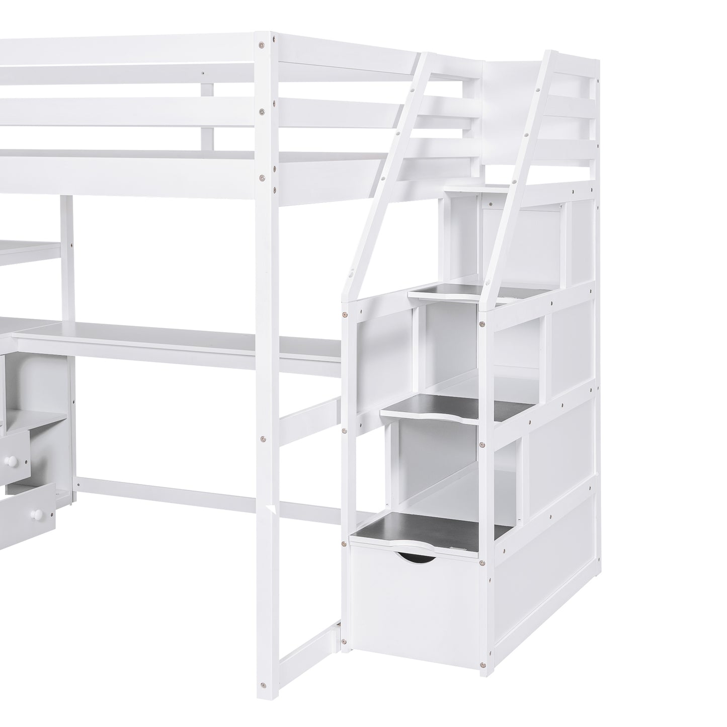 White Full Size Loft Bed with Desk, Shelves, and Built-in Drawers