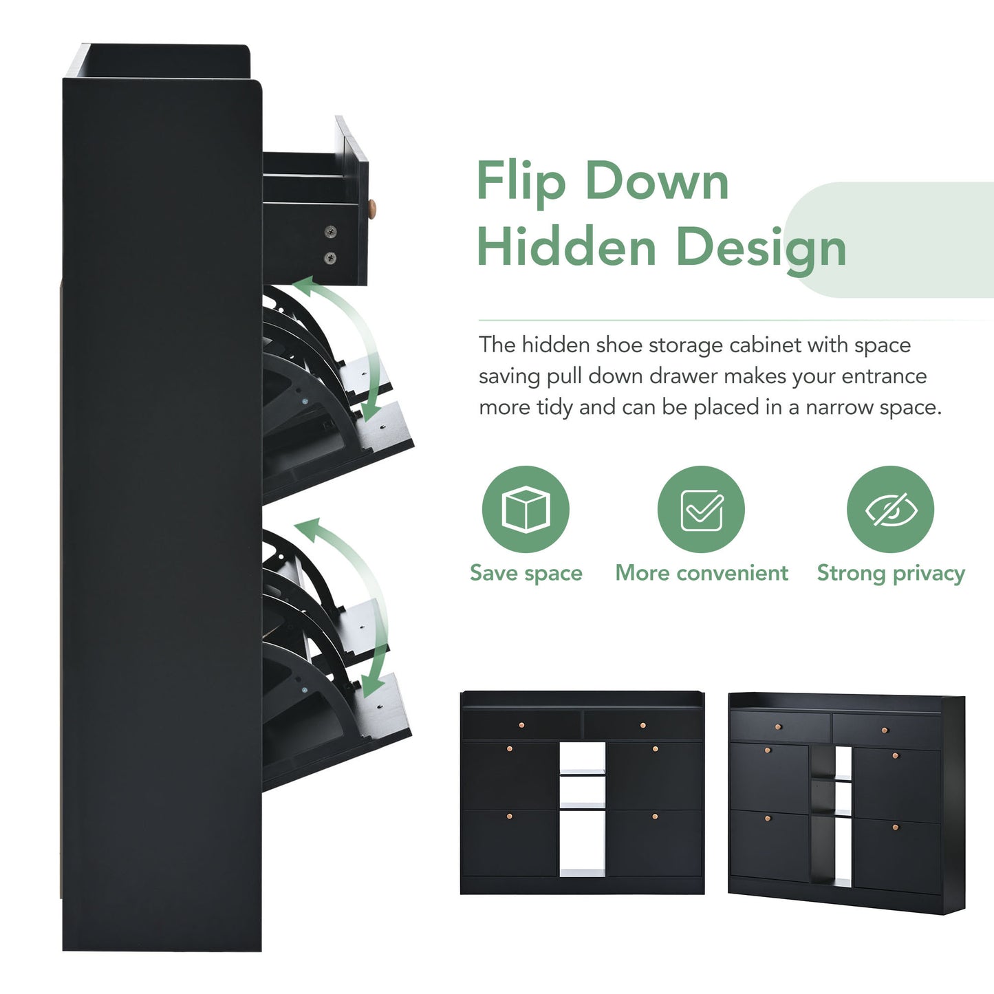 Tall Black Shoe Cabinet with 4 Flip Drawers