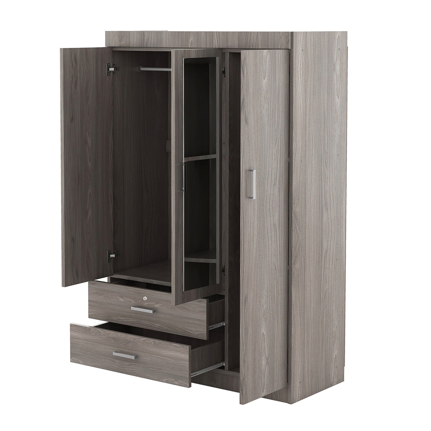 Gray 3-Door Mirrored Wardrobe