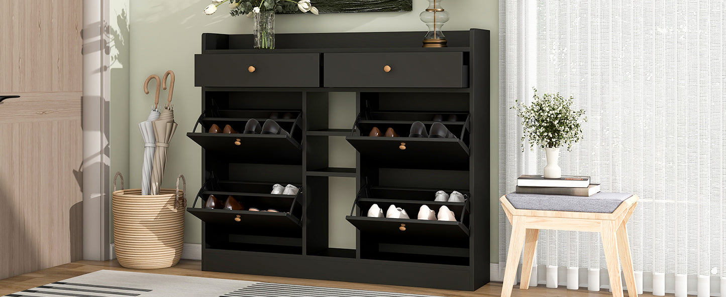 Tall Black Shoe Cabinet with 4 Flip Drawers