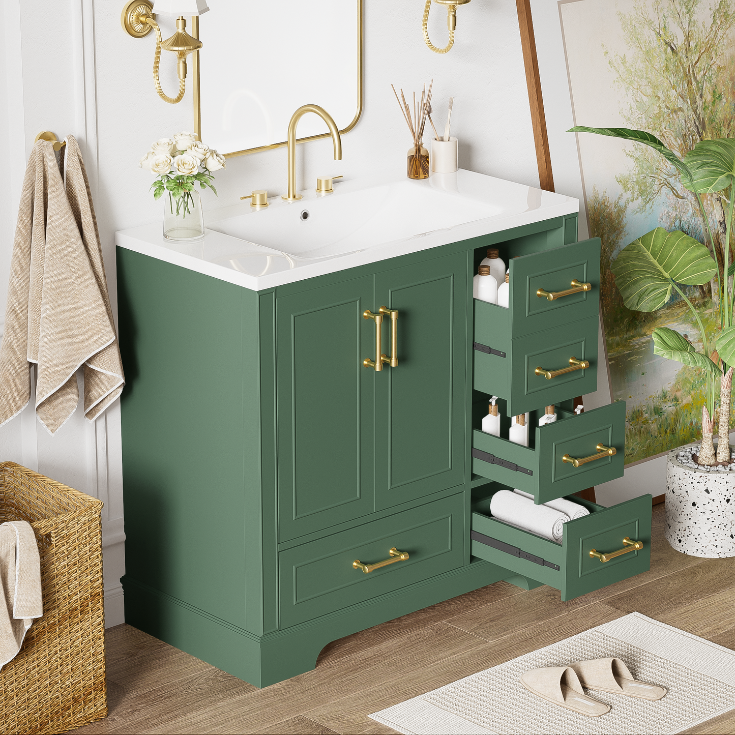 Green Bathroom Vanity with Resin Sink Set