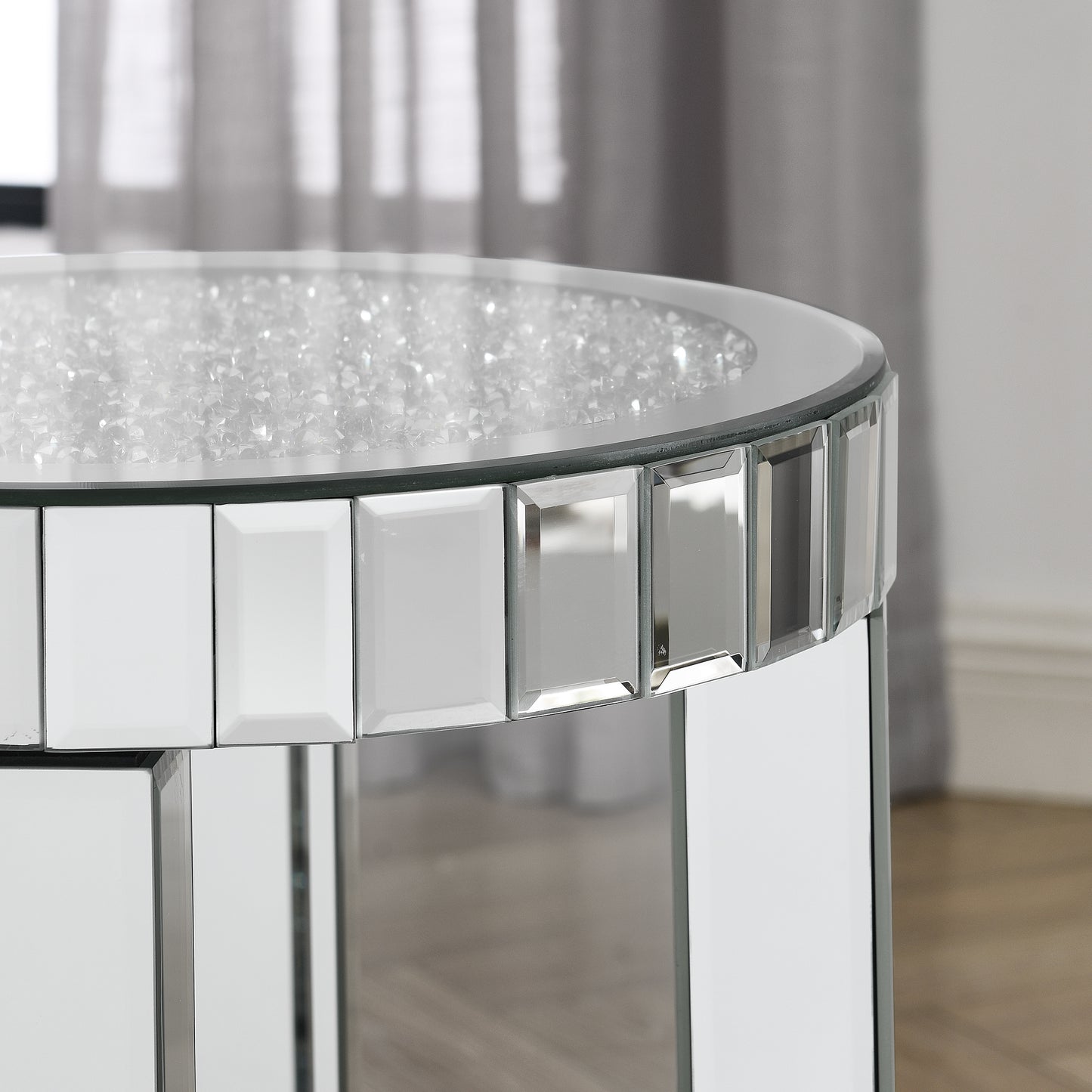 Round Mirrored End Table with Crystal Inlay