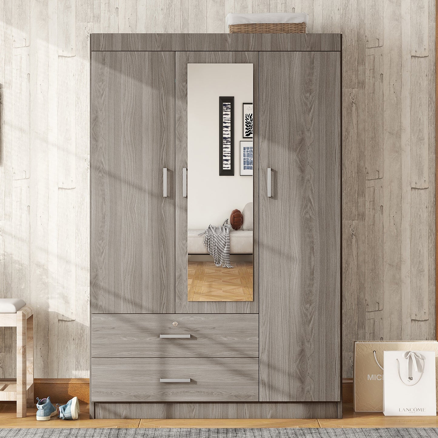 Gray 3-Door Mirrored Wardrobe