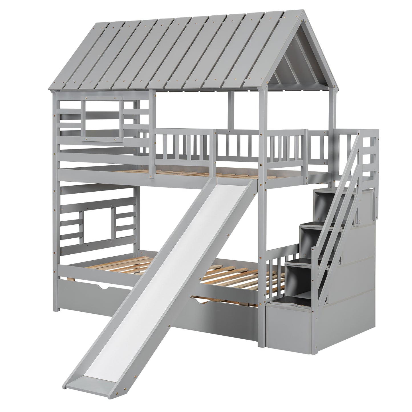 Grey Twin Town House Bunk Bed with Trundle and Slide