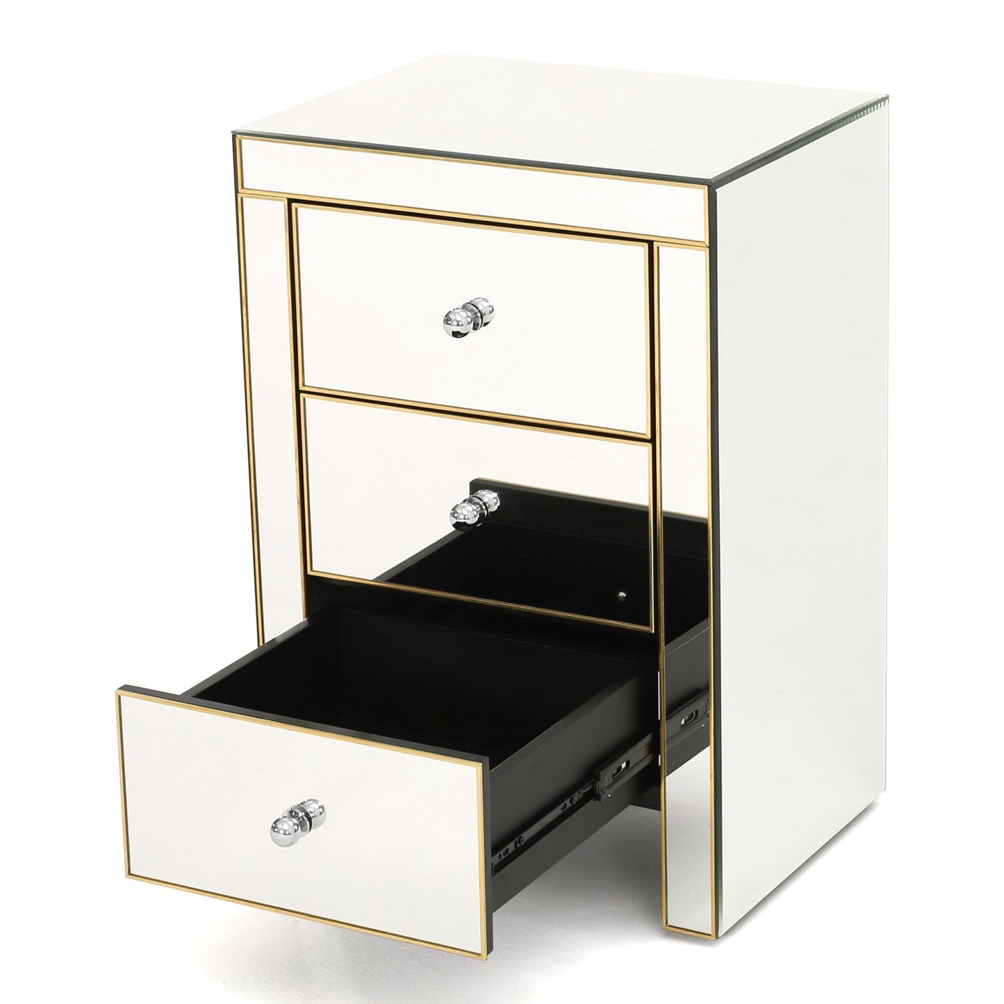 Elegant Mirrored Gold Edge with 3 Drawer Night Stand