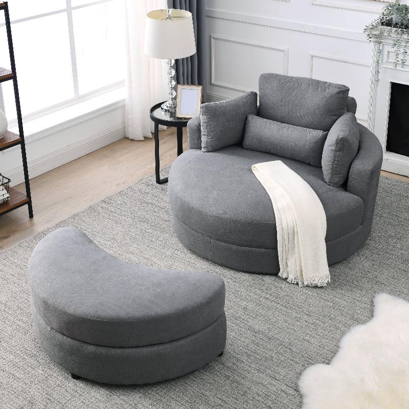 Grey Linen Swivel Accent Barrel Chairs with Storage Ottomans