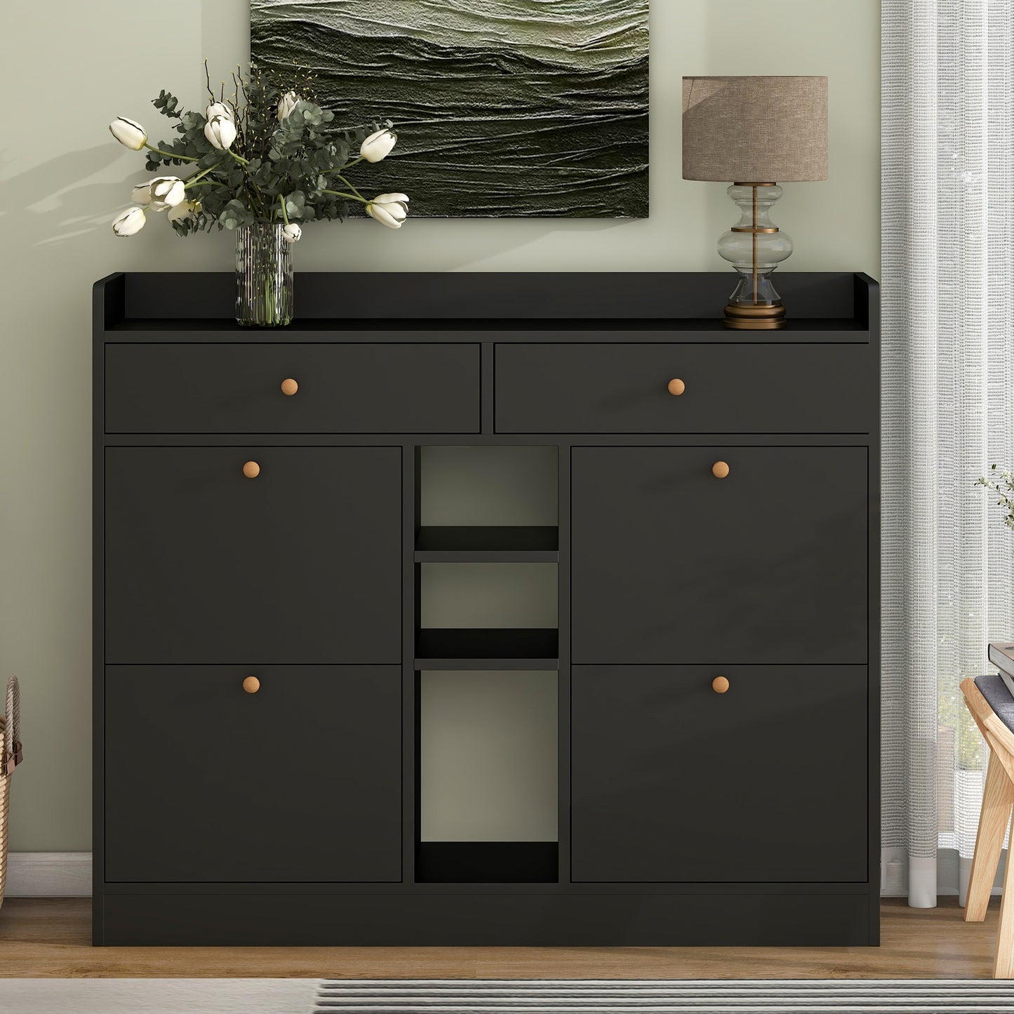 Tall Black Shoe Cabinet with 4 Flip Drawers