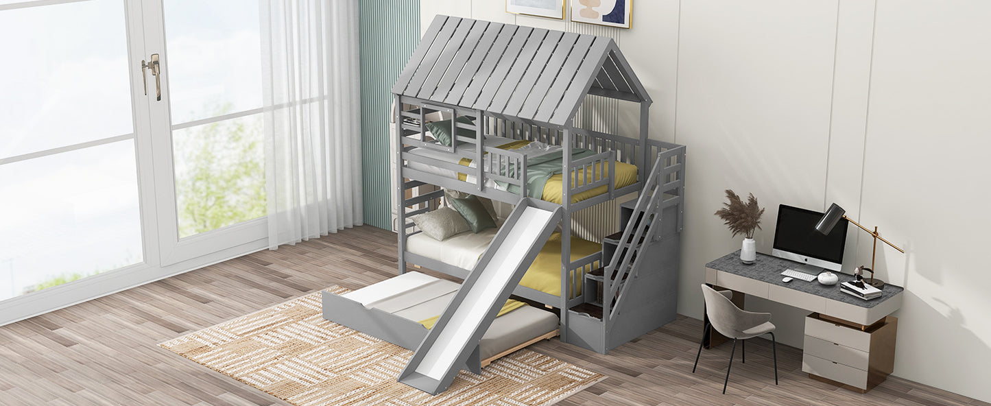 Grey Twin Town House Bunk Bed with Trundle and Slide