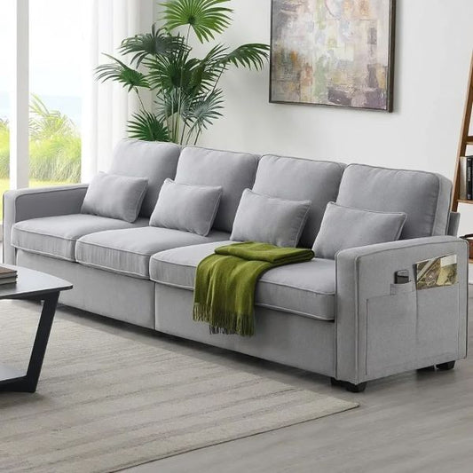 Linen Couch with Armrest Pockets and 4 Pillows