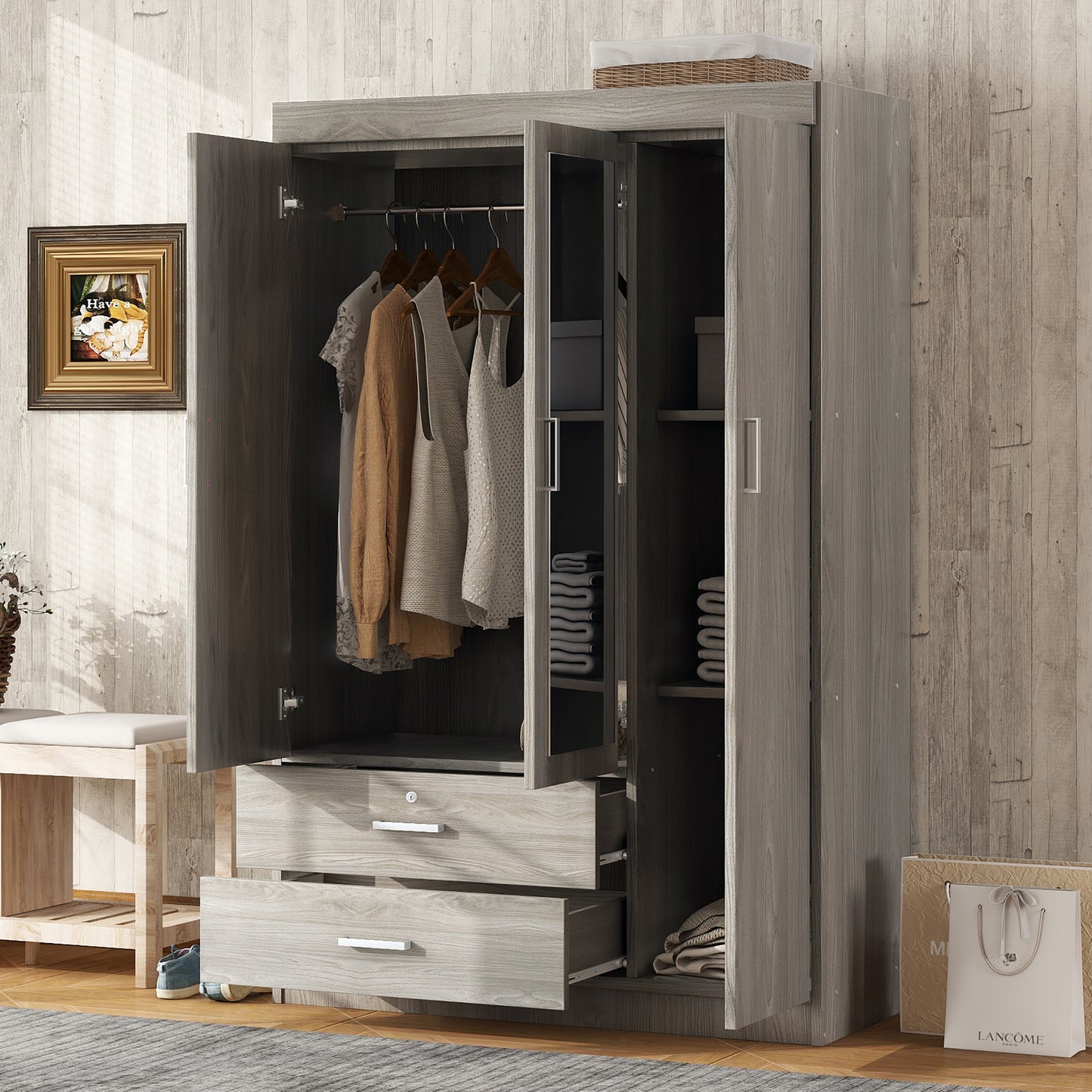 Gray 3-Door Mirrored Wardrobe