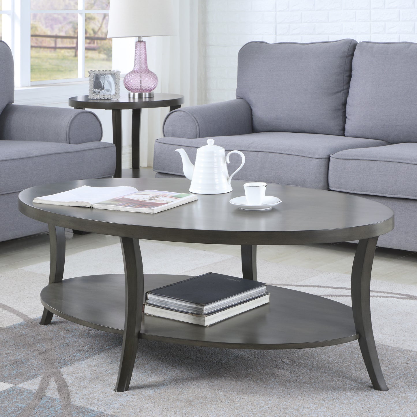 Gray Oval Shelf Coffee Table