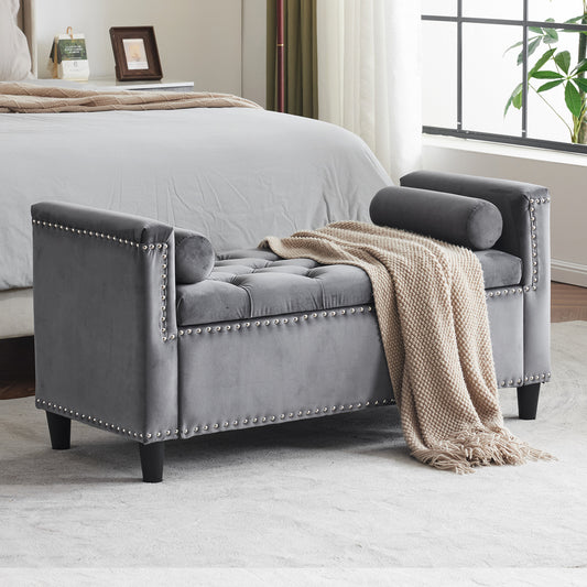 Gray Velvet Button Tufted Storage Bench