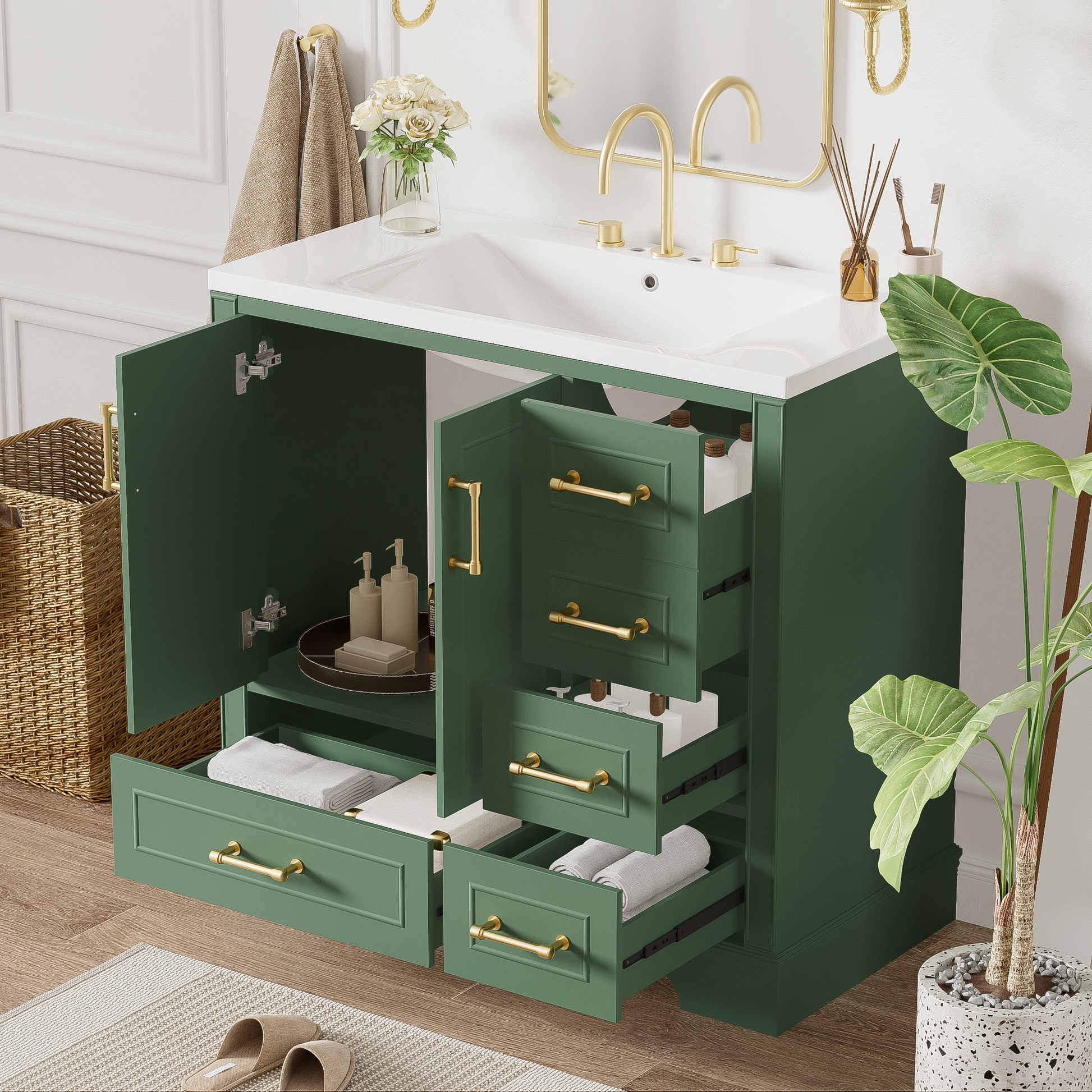 Green 4 Drawer Bathroom Vanity with Square Resin Sink Set