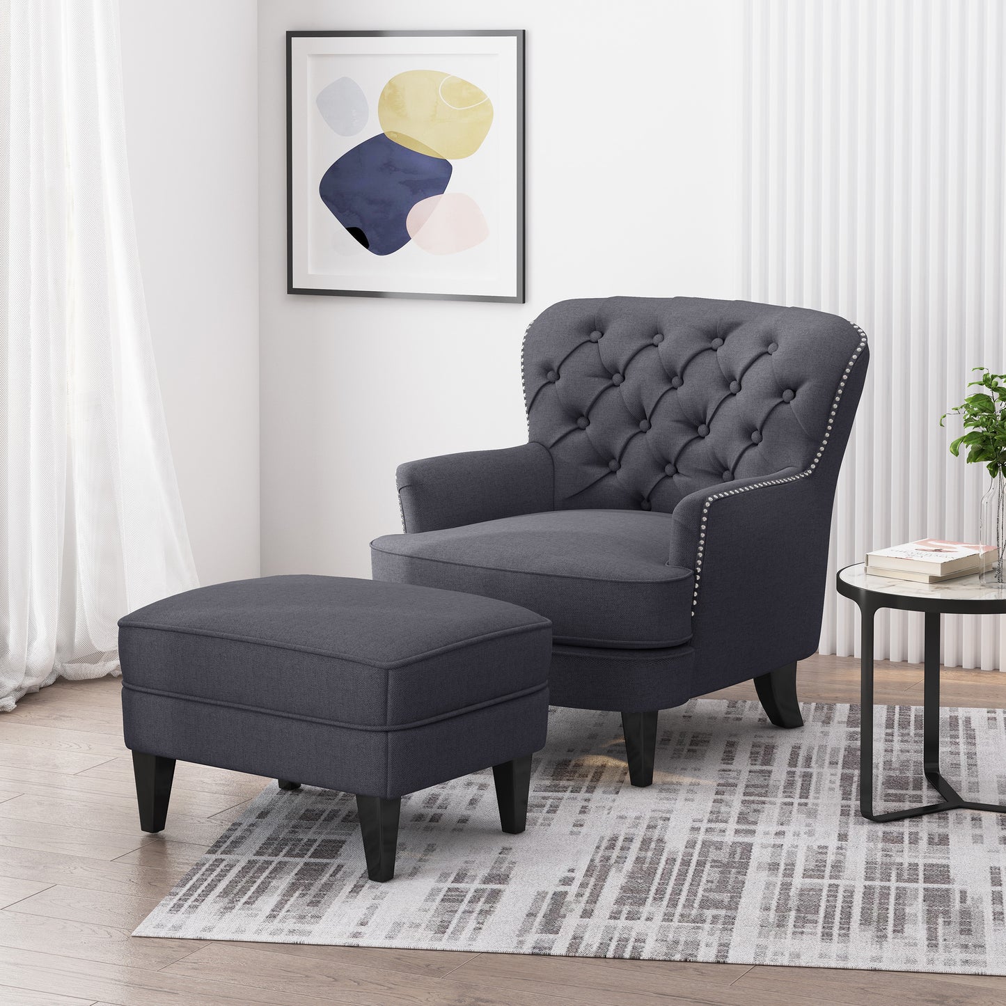 Grey Button Tufted CLUB CHAIR+OTTOMAN