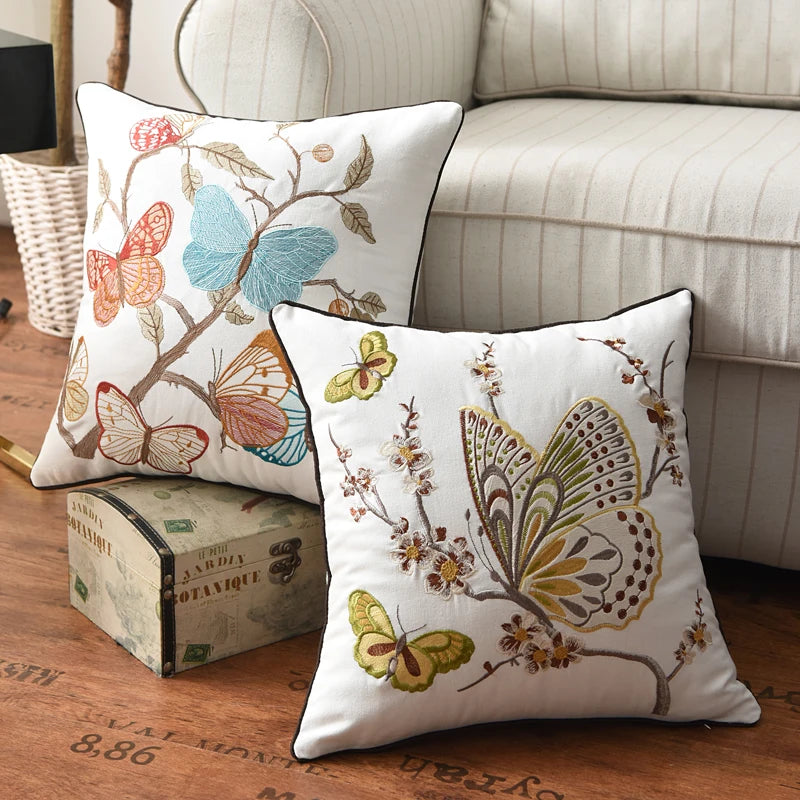 Embroidered Butterfly Pillow Cover