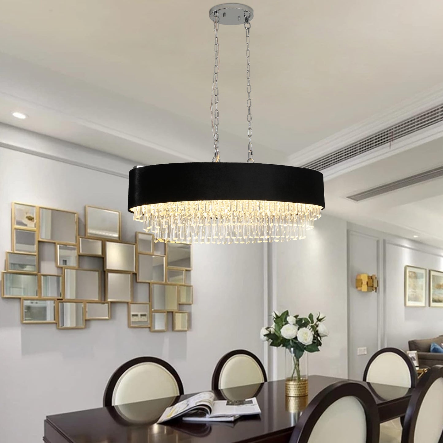 Modern Black Oblong Crystal Chandelier