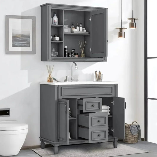 Grey 36" Bathroom Vanity with Integrated Resin Sink and Mirror Medicine Cabinet