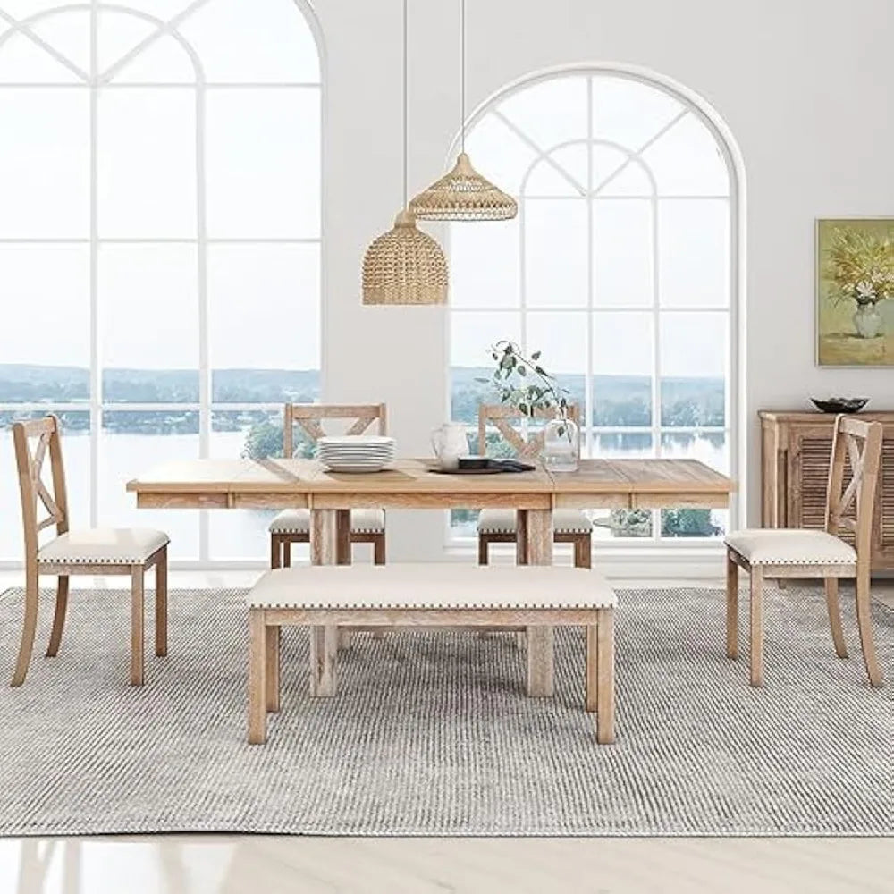 Solid Natural Wood Extendable 6pc Dining Set