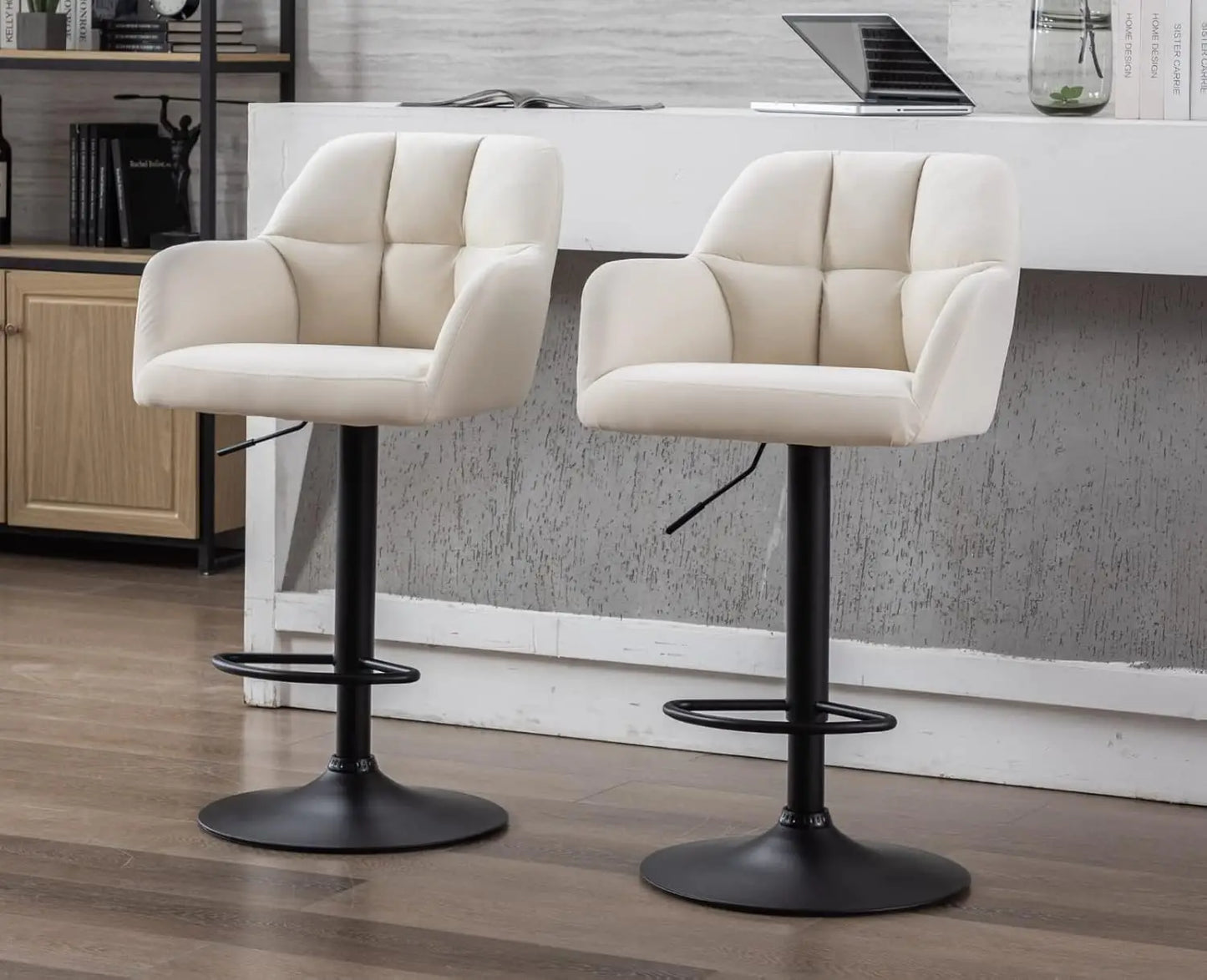 Swivel Bar Stools Set of 2 Leather Counter Height Barstools with Back and Arms Adjustable Bar Stool Chairs Base Kitchen Island