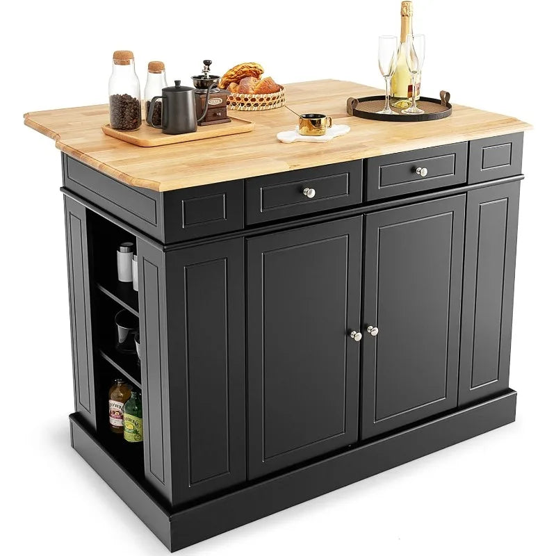 Black Stationary Rubber Wood Kitchen Island with Drop Leaf, 2 Drawers, Storage Cabinets