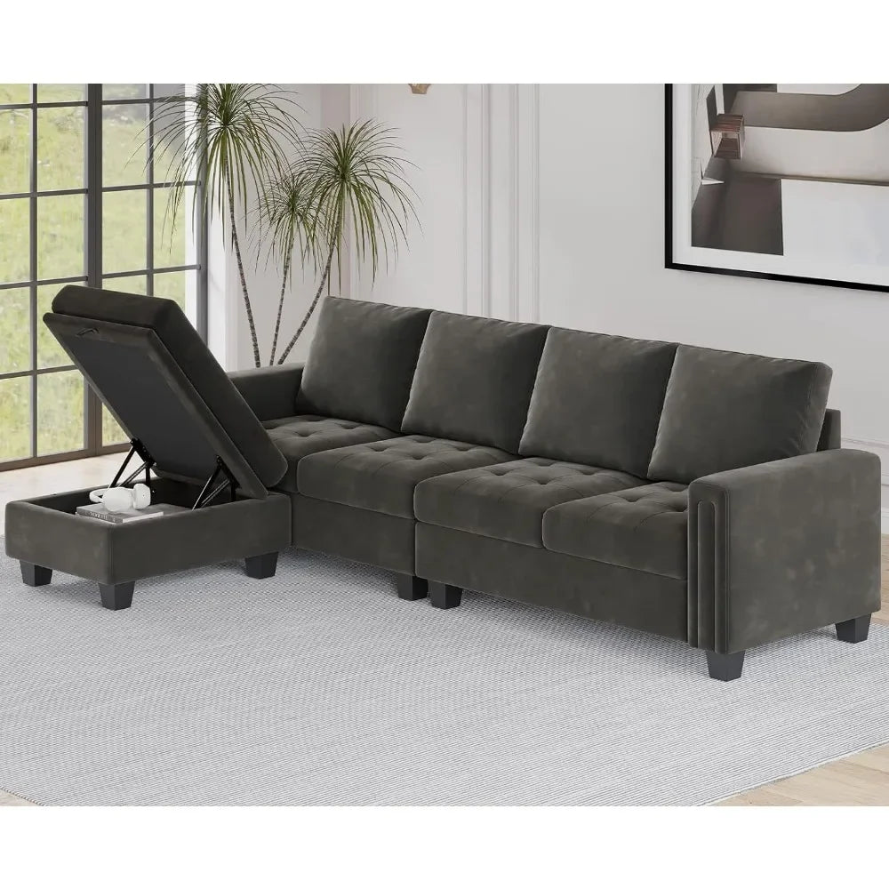 Velvet Sectional with Storage Ottoman