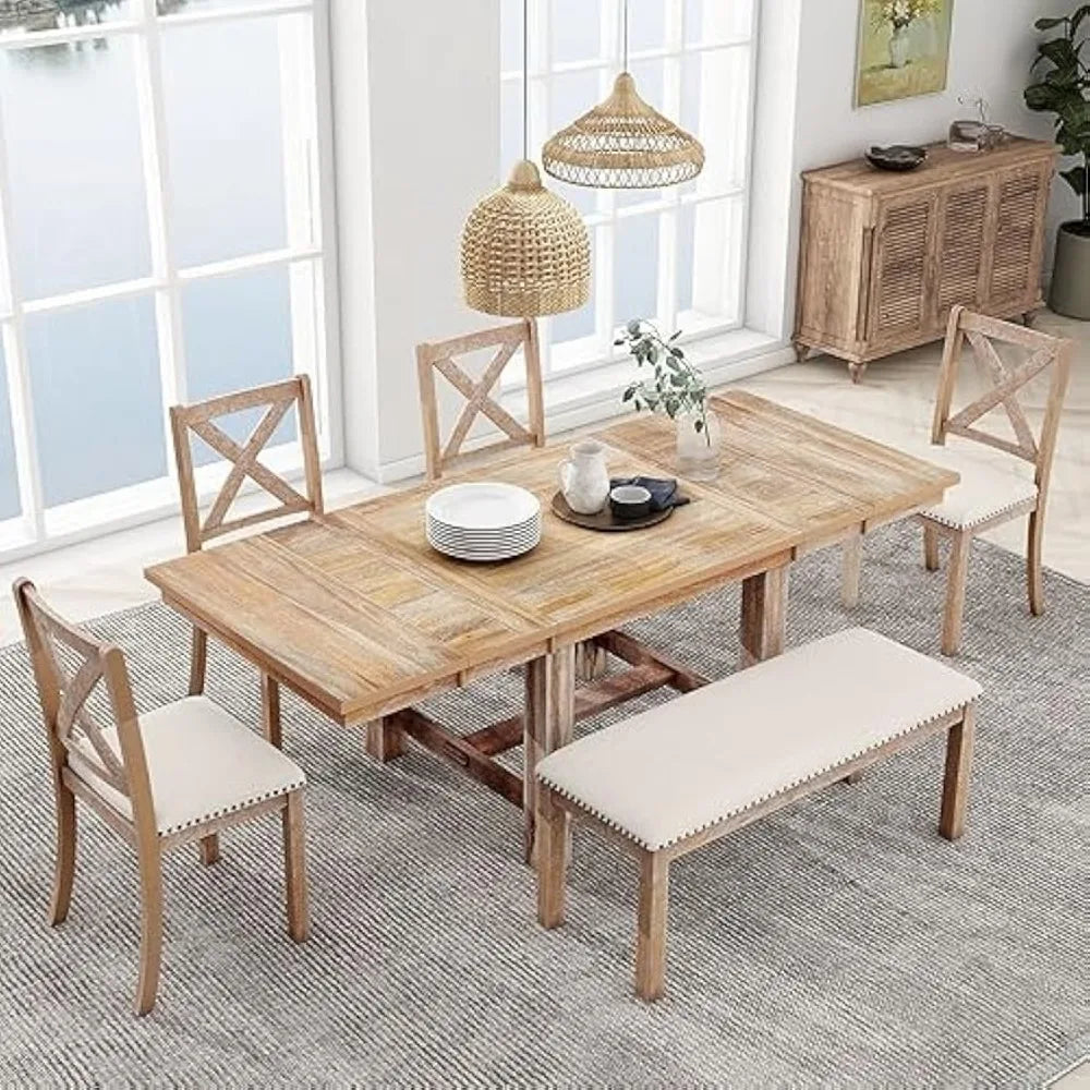 Solid Natural Wood Extendable 6pc Dining Set