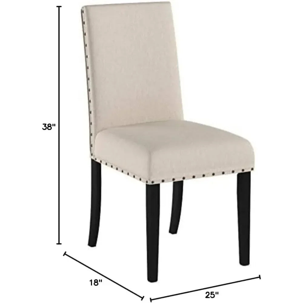 Set of 2 Tan Fabric Dining Chairs With Nailhead Trim